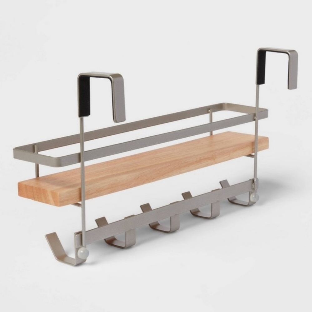 Shelf Rack with 5 Hooks Brushed Nickel - Brightrooom